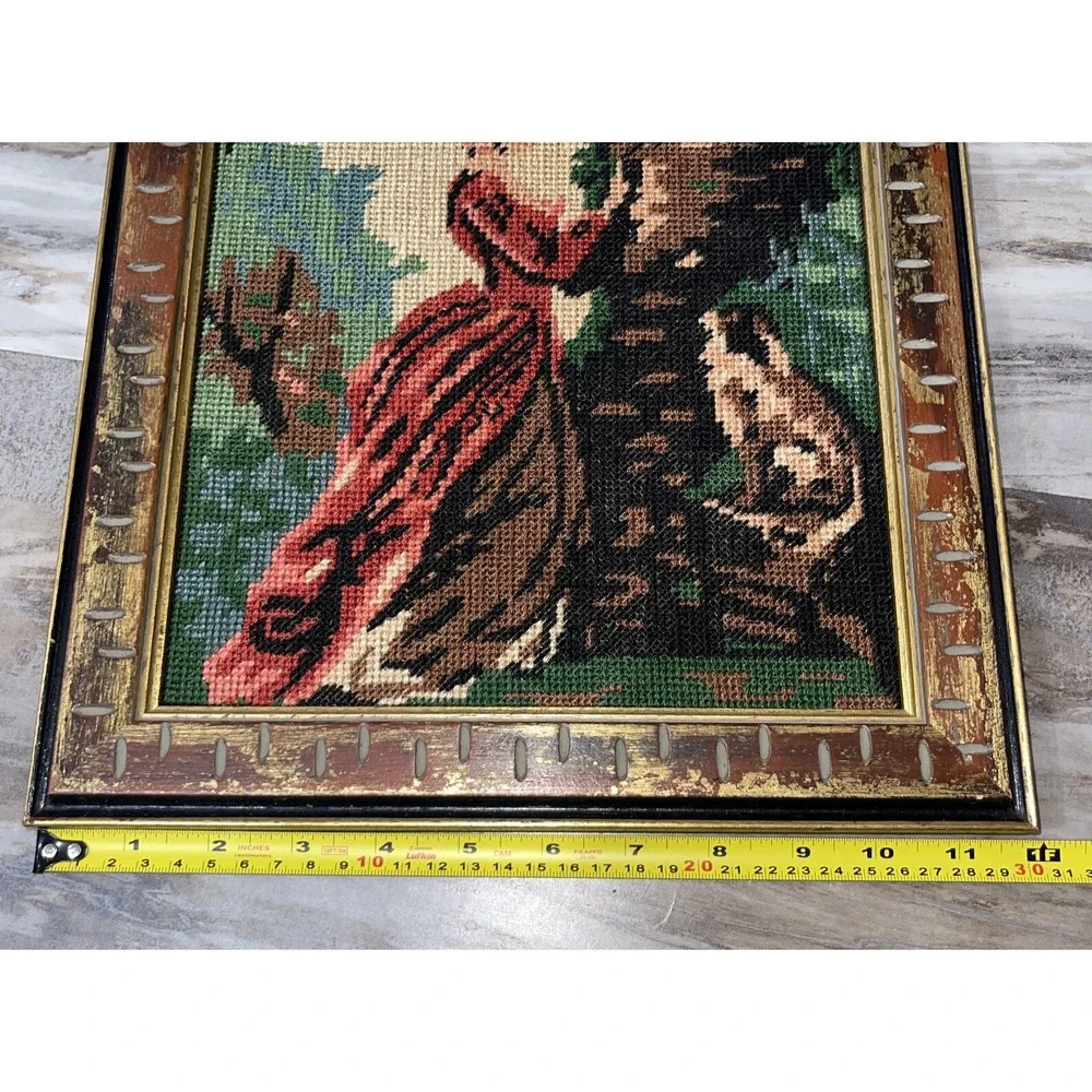 VTG MCM Petit Point Needlecraft gold distressed wood framed picture Girl Tree